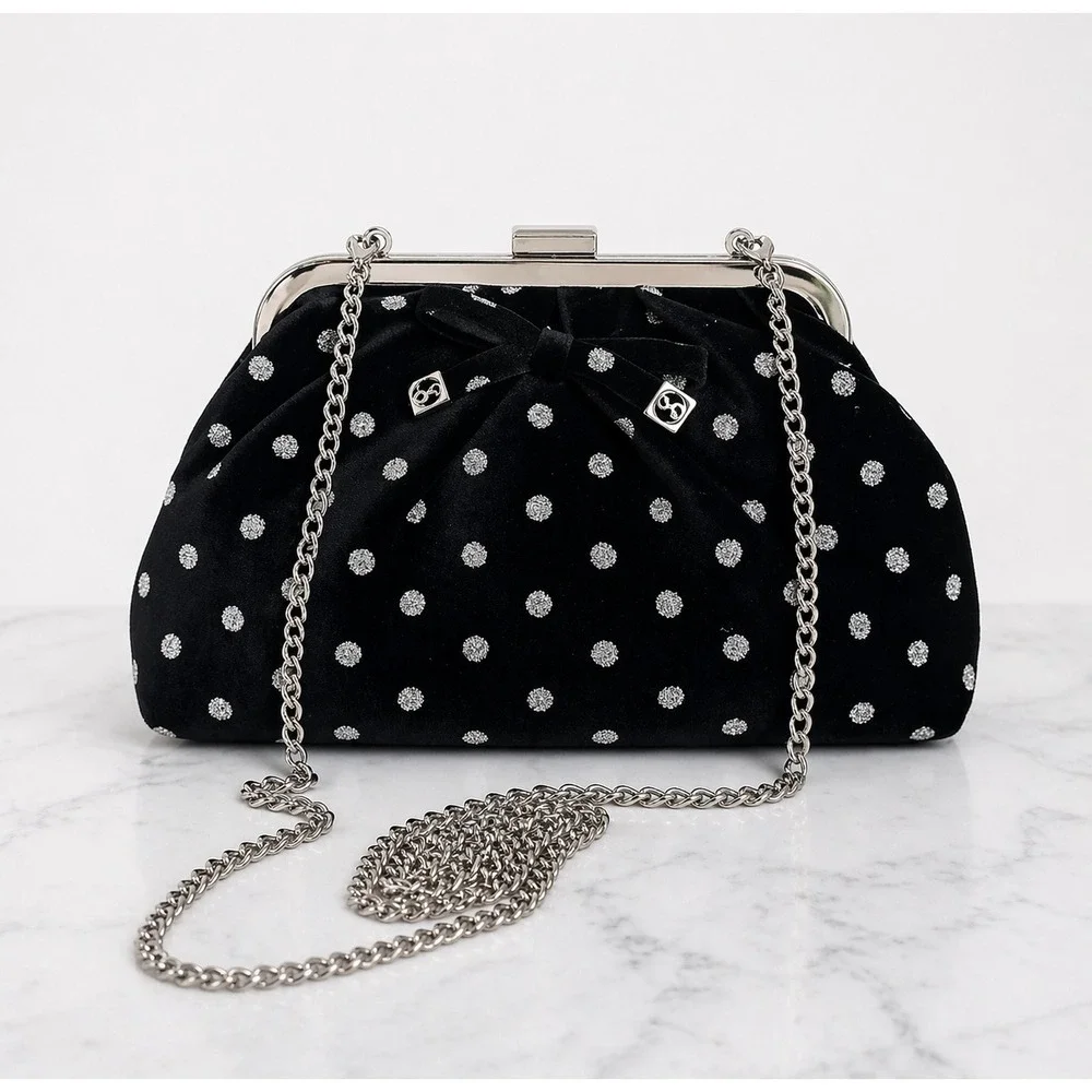 Sam & Libby New Brandi Velvet Black Polka Dot Bow Hobo Chain Crossbody Clutch